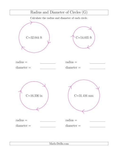 The Calculate Radius and Diameter of Circles from Circumference (G) Math Worksheet