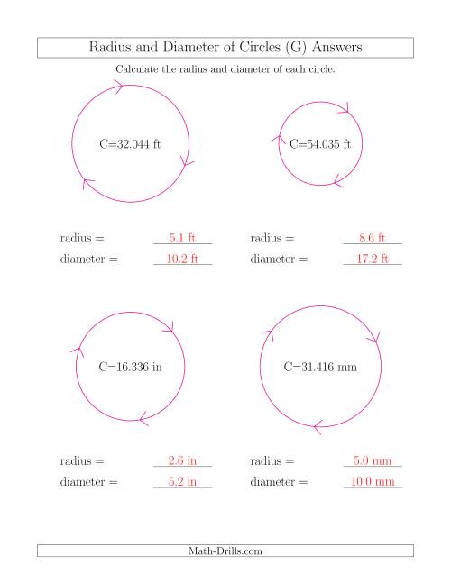 The Calculate Radius and Diameter of Circles from Circumference (G) Math Worksheet Page 2