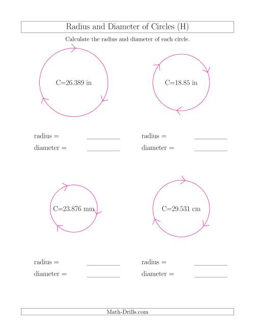 The Calculate Radius and Diameter of Circles from Circumference (H) Math Worksheet