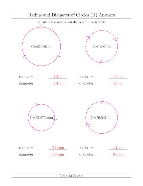 The Calculate Radius and Diameter of Circles from Circumference (H) Math Worksheet Page 2