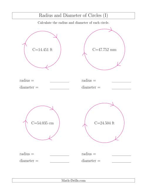 The Calculate Radius and Diameter of Circles from Circumference (I) Math Worksheet