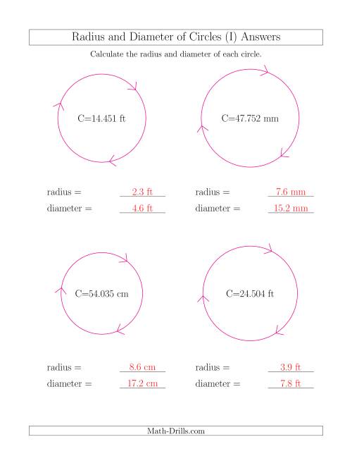 The Calculate Radius and Diameter of Circles from Circumference (I) Math Worksheet Page 2