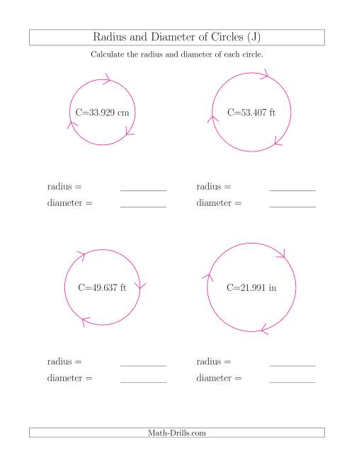 The Calculate Radius and Diameter of Circles from Circumference (J) Math Worksheet