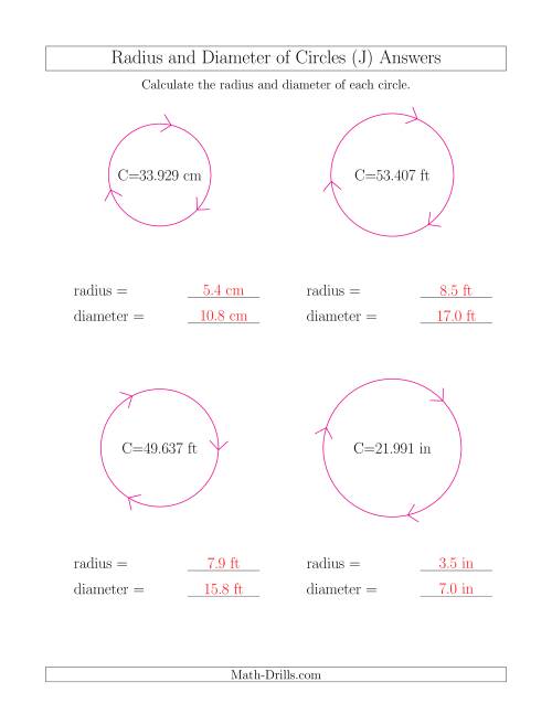 The Calculate Radius and Diameter of Circles from Circumference (J) Math Worksheet Page 2