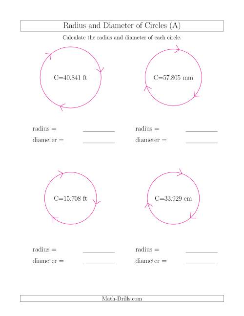 The Calculate Radius and Diameter of Circles from Circumference (All) Math Worksheet