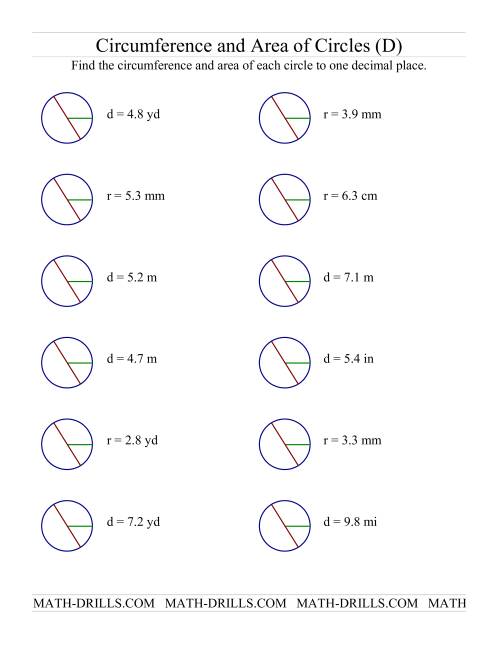 The Circumference and Area of Circles (D) Math Worksheet
