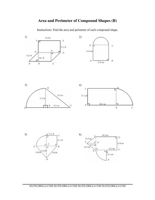 The Area and Perimeter of Compound Shapes (B) Math Worksheet