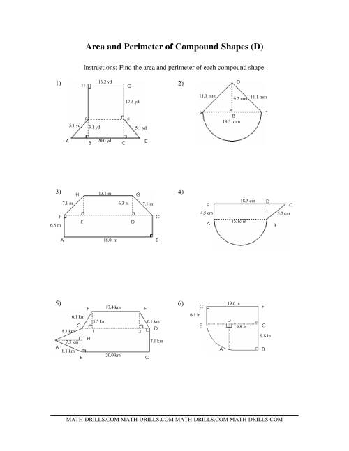 The Area and Perimeter of Compound Shapes (D) Math Worksheet