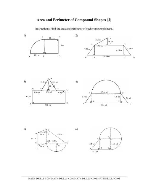 The Area and Perimeter of Compound Shapes (J) Math Worksheet