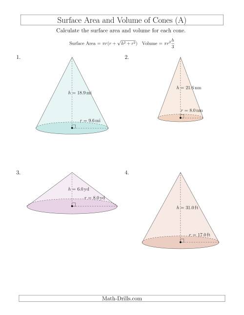 The Volume and Surface Area of Cones (One Decimal Place) (A) Math Worksheet