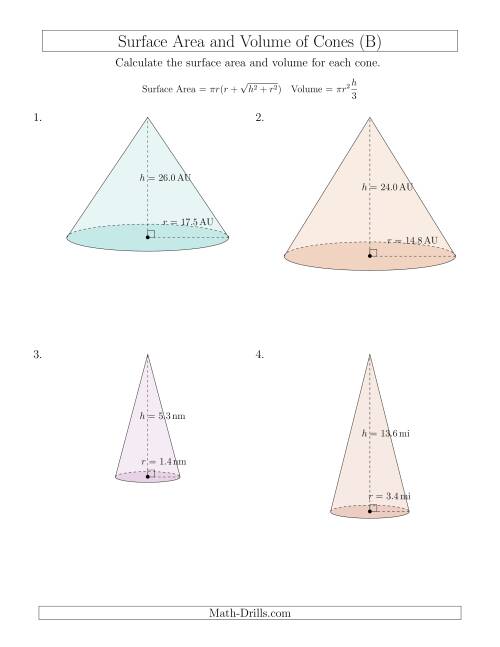 The Volume and Surface Area of Cones (One Decimal Place) (B) Math Worksheet