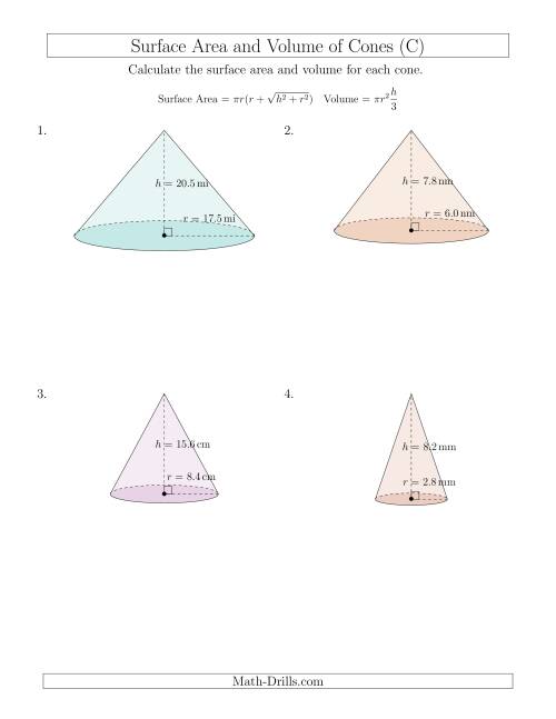 The Volume and Surface Area of Cones (One Decimal Place) (C) Math Worksheet