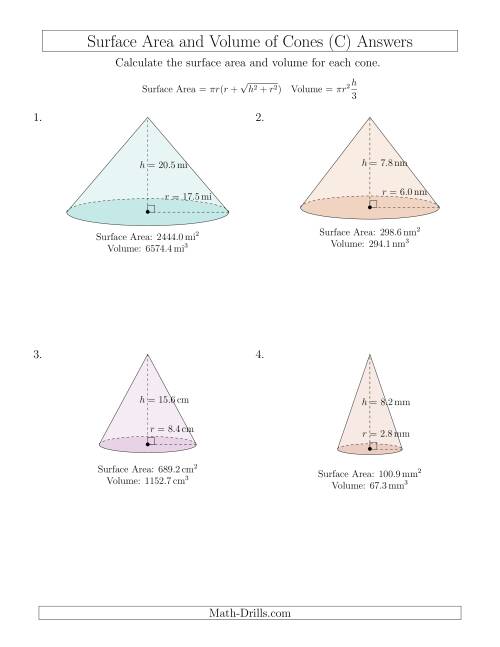 The Volume and Surface Area of Cones (One Decimal Place) (C) Math Worksheet Page 2