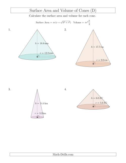 The Volume and Surface Area of Cones (One Decimal Place) (D) Math Worksheet