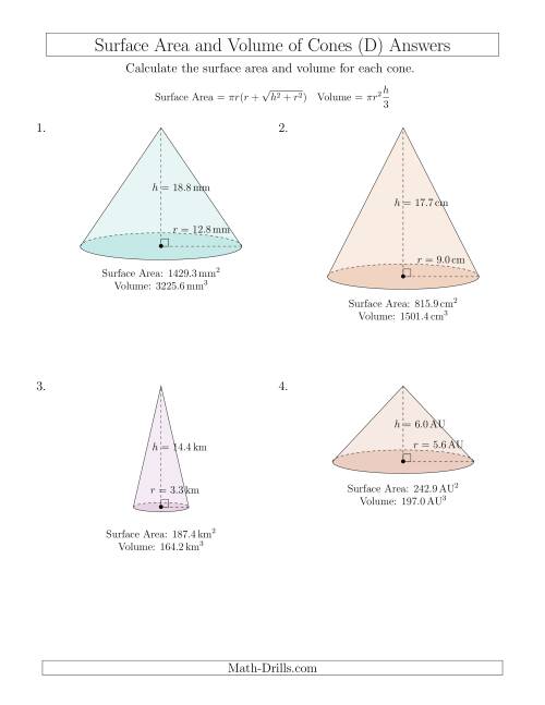 The Volume and Surface Area of Cones (One Decimal Place) (D) Math Worksheet Page 2
