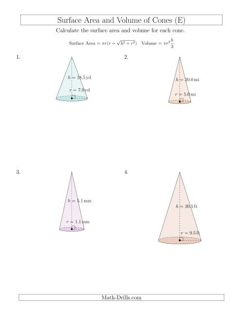 The Volume and Surface Area of Cones (One Decimal Place) (E) Math Worksheet