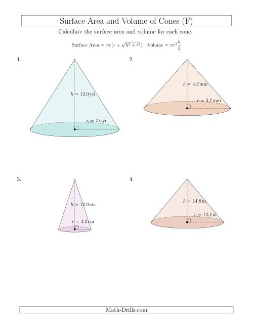 The Volume and Surface Area of Cones (One Decimal Place) (F) Math Worksheet