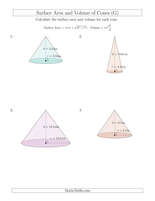 The Volume and Surface Area of Cones (One Decimal Place) (G) Math Worksheet
