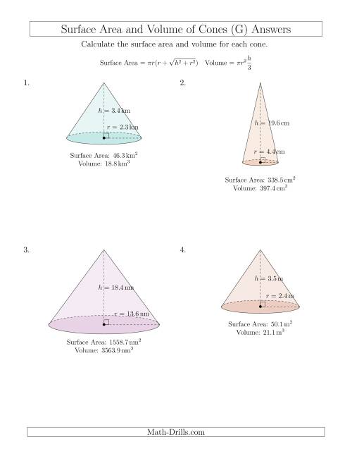 The Volume and Surface Area of Cones (One Decimal Place) (G) Math Worksheet Page 2
