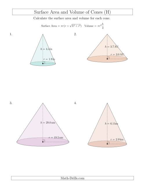 The Volume and Surface Area of Cones (One Decimal Place) (H) Math Worksheet