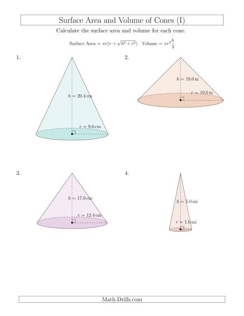 The Volume and Surface Area of Cones (One Decimal Place) (I) Math Worksheet