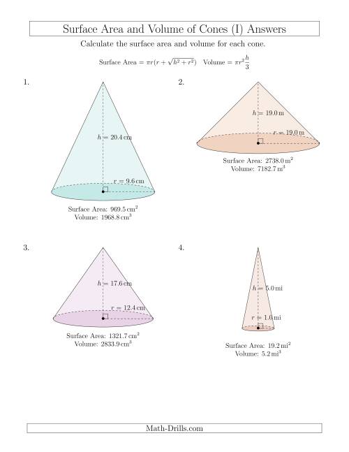 The Volume and Surface Area of Cones (One Decimal Place) (I) Math Worksheet Page 2
