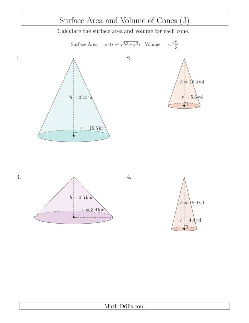 The Volume and Surface Area of Cones (One Decimal Place) (J) Math Worksheet
