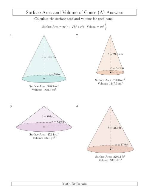 The Volume and Surface Area of Cones (One Decimal Place) (All) Math Worksheet Page 2