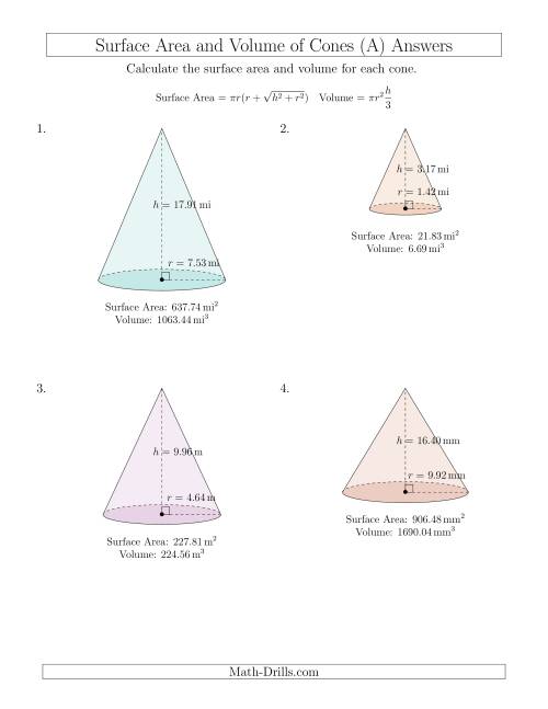 The Volume and Surface Area of Cones (Two Decimal Places) (A) Math Worksheet Page 2