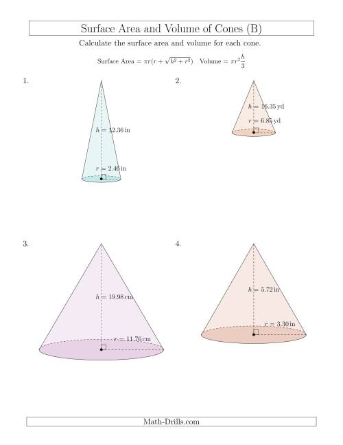 The Volume and Surface Area of Cones (Two Decimal Places) (B) Math Worksheet