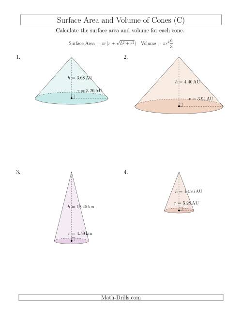 The Volume and Surface Area of Cones (Two Decimal Places) (C) Math Worksheet