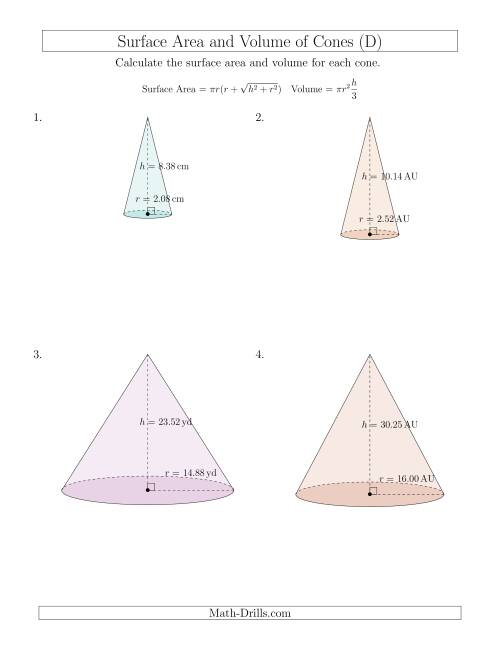 The Volume and Surface Area of Cones (Two Decimal Places) (D) Math Worksheet