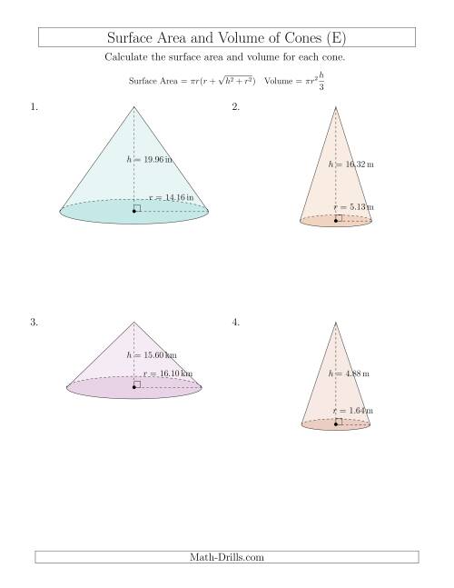 The Volume and Surface Area of Cones (Two Decimal Places) (E) Math Worksheet