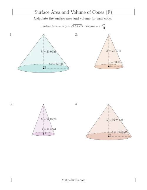 The Volume and Surface Area of Cones (Two Decimal Places) (F) Math Worksheet