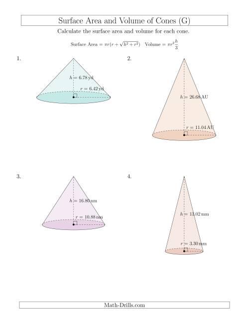 The Volume and Surface Area of Cones (Two Decimal Places) (G) Math Worksheet
