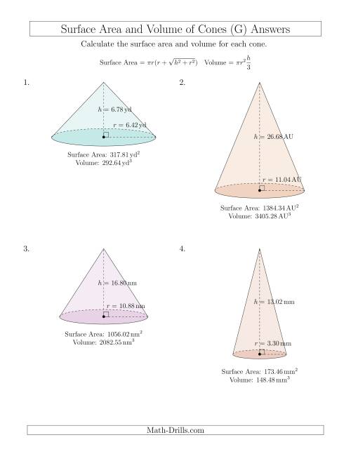 The Volume and Surface Area of Cones (Two Decimal Places) (G) Math Worksheet Page 2