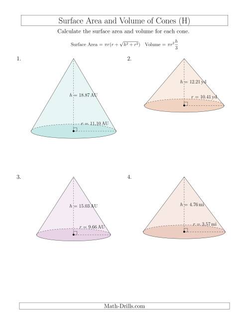 The Volume and Surface Area of Cones (Two Decimal Places) (H) Math Worksheet