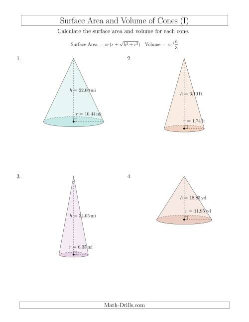 The Volume and Surface Area of Cones (Two Decimal Places) (I) Math Worksheet