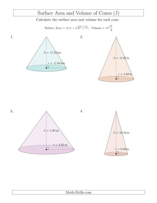 The Volume and Surface Area of Cones (Two Decimal Places) (J) Math Worksheet