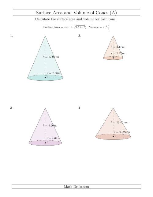 The Volume and Surface Area of Cones (Two Decimal Places) (All) Math Worksheet