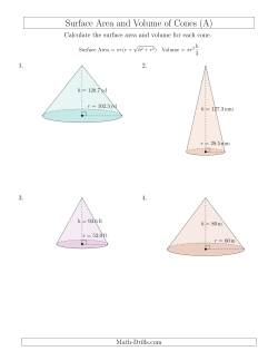 Volume and Surface Area of Cones (Large Input Values)