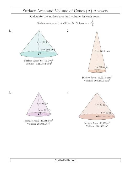 The Volume and Surface Area of Cones (Large Input Values) (A) Math Worksheet Page 2