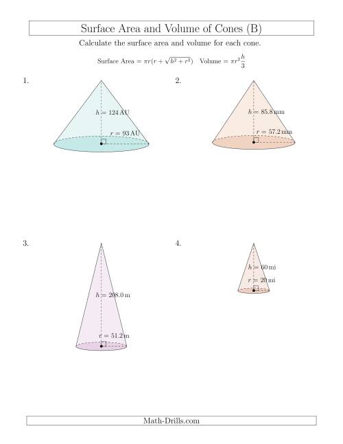 The Volume and Surface Area of Cones (Large Input Values) (B) Math Worksheet