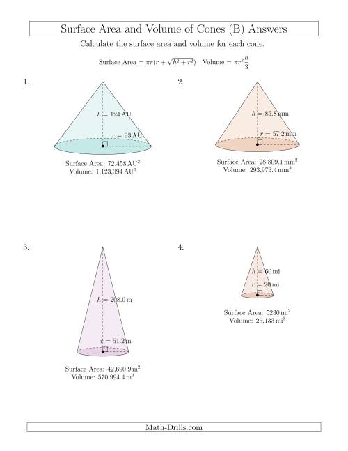 The Volume and Surface Area of Cones (Large Input Values) (B) Math Worksheet Page 2