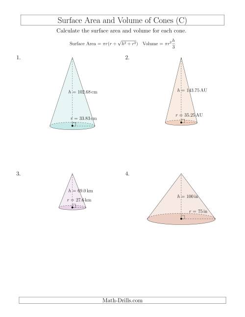 The Volume and Surface Area of Cones (Large Input Values) (C) Math Worksheet