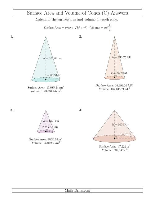 The Volume and Surface Area of Cones (Large Input Values) (C) Math Worksheet Page 2