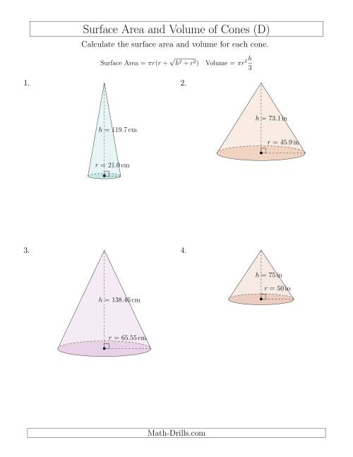 The Volume and Surface Area of Cones (Large Input Values) (D) Math Worksheet