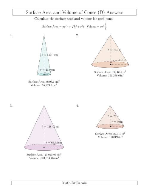 The Volume and Surface Area of Cones (Large Input Values) (D) Math Worksheet Page 2