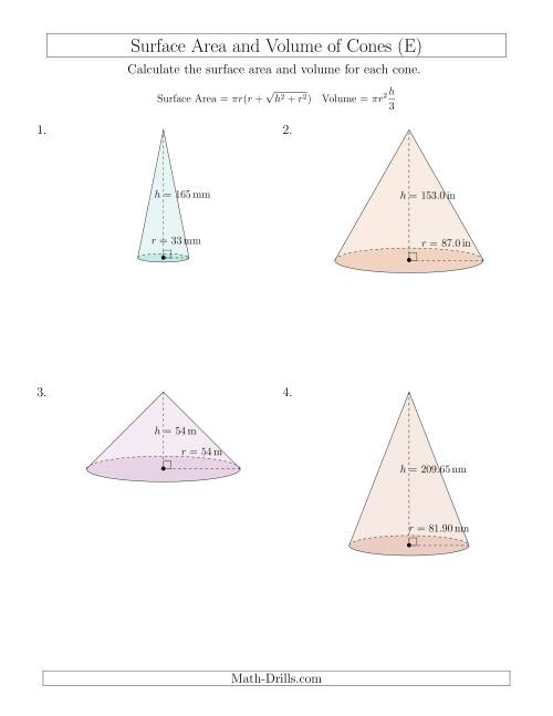 The Volume and Surface Area of Cones (Large Input Values) (E) Math Worksheet
