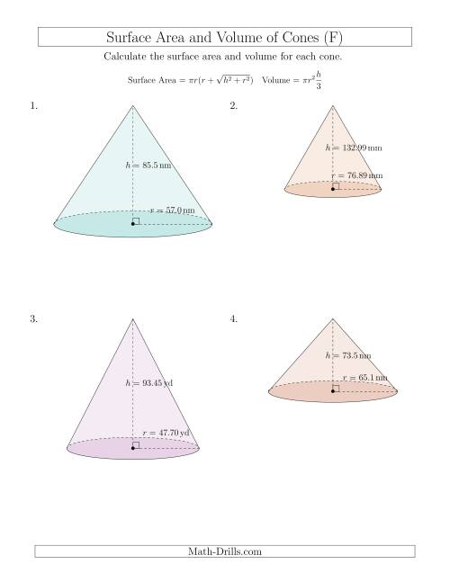 The Volume and Surface Area of Cones (Large Input Values) (F) Math Worksheet